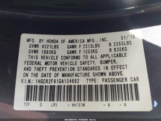 1HGCR2F81GA104692 Honda Accord Ex-l