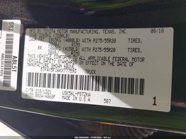 45584200 :رقم المزاد ، 5TFAY5F16KX777593 vin ، 2019 Toyota Tundra 1794 5.7l V8 مزاد بيع