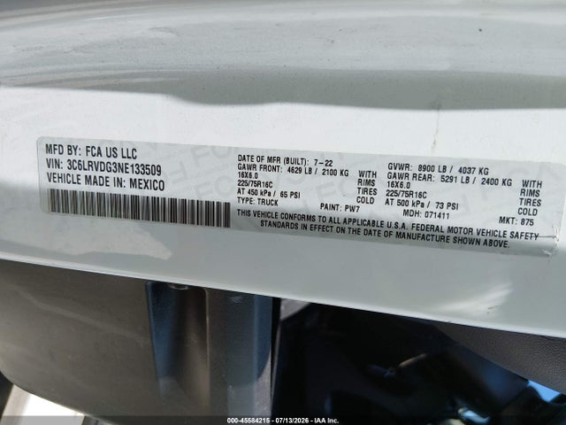 45584215 :رقم المزاد ، 3C6LRVDG3NE133509 vin ، 2022 Ram Promaster 2500 High Roof 159 Wb مزاد بيع