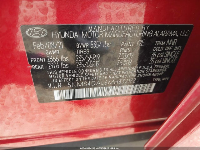 Продаж на аукціоні авто 2021 Hyundai Santa Fe Limited, vin: 5NMS4DAL6MH332172, номер лоту: 45584219