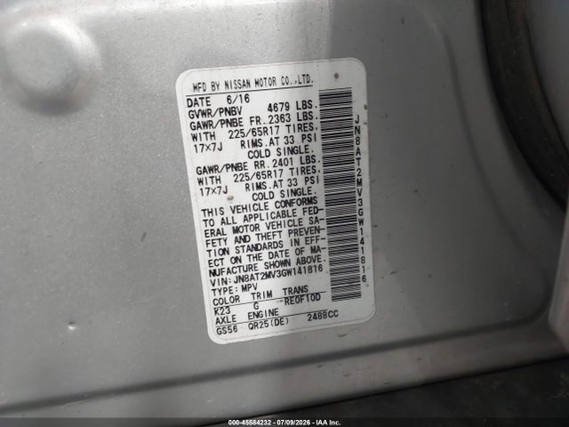 Aukcja sprzedaży 2016 Nissan Rogue S, vin: JN8AT2MV3GW141816, numer aukcji: 45584232