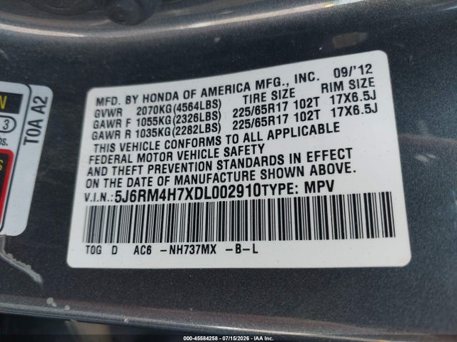 Продажа на аукционе авто 2013 Honda Cr-v Ex-l, vin: 5J6RM4H7XDL002910, номер лота: 45584258