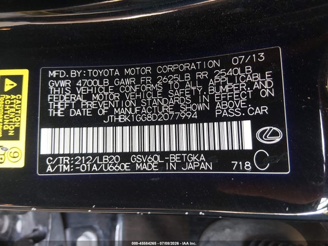 Aukcja sprzedaży 2013 Lexus Es 350, vin: JTHBK1GG8D2077994, numer aukcji: 45584265