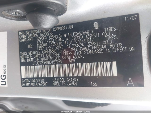 Aukcja sprzedaży 2008 Lexus Gx 470, vin: JTJBT20X880157289, numer aukcji: 45584284