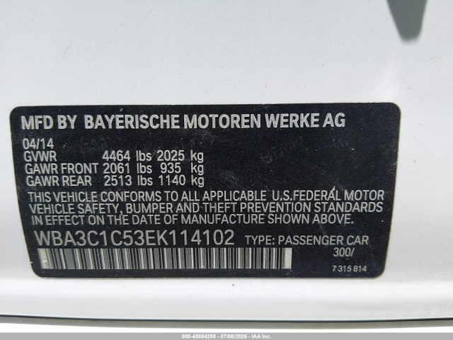 45584295 :رقم المزاد ، WBA3C1C53EK114102 vin ، 2014 Bmw 328i مزاد بيع