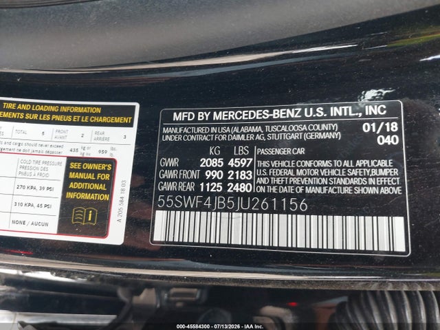 Aukcja sprzedaży 2018 Mercedes-benz C 300, vin: 55SWF4JB5JU261156, numer aukcji: 45584300