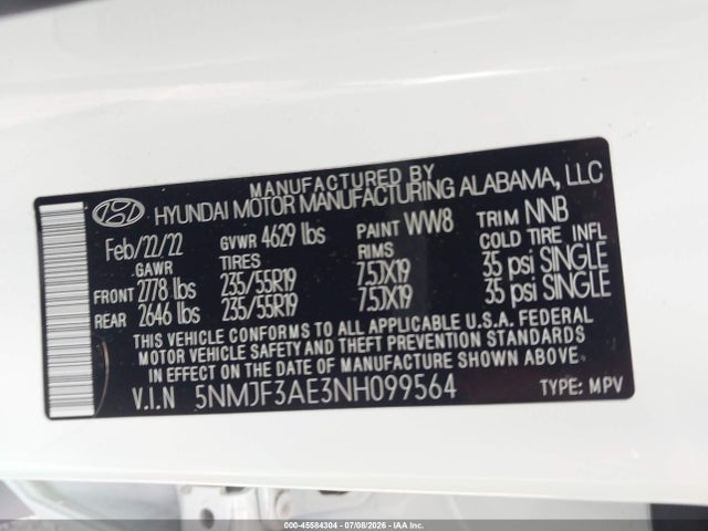 2022 Hyundai Tucson Sel მანქანა იყიდება აუქციონზე, vin: 5NMJF3AE3NH099564, აუქციონის ნომერი: 45584304