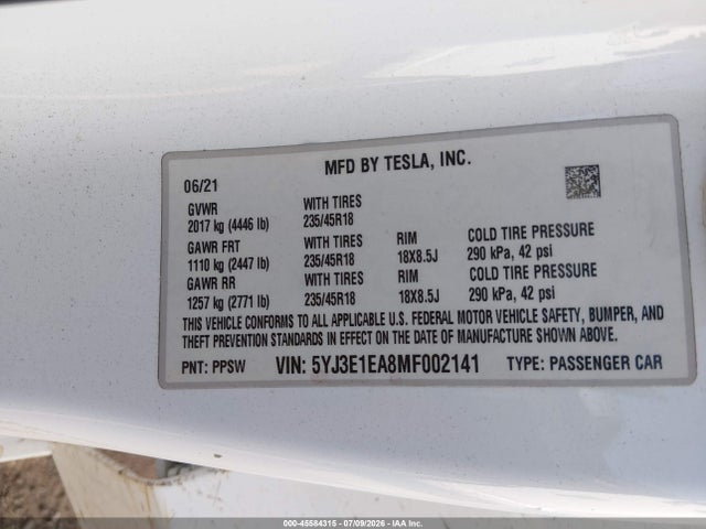 Продажа на аукционе авто 2021 Tesla Model 3 Standard Range Plus Rear-wheel Drive, vin: 5YJ3E1EA8MF002141, номер лота: 45584315