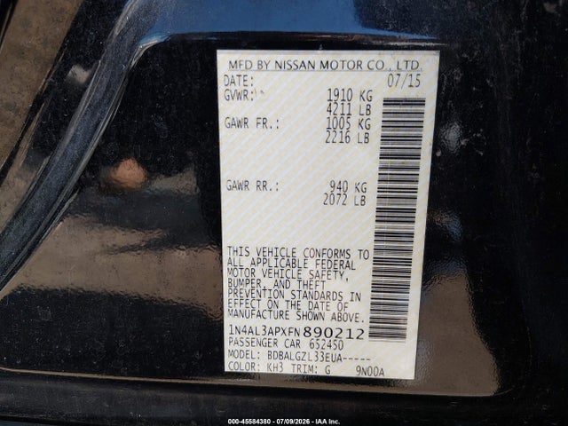 1N4AL3APXFN890212 Nissan Altima 2.5/2.5 S/2.5 Sl/2.5 Sv