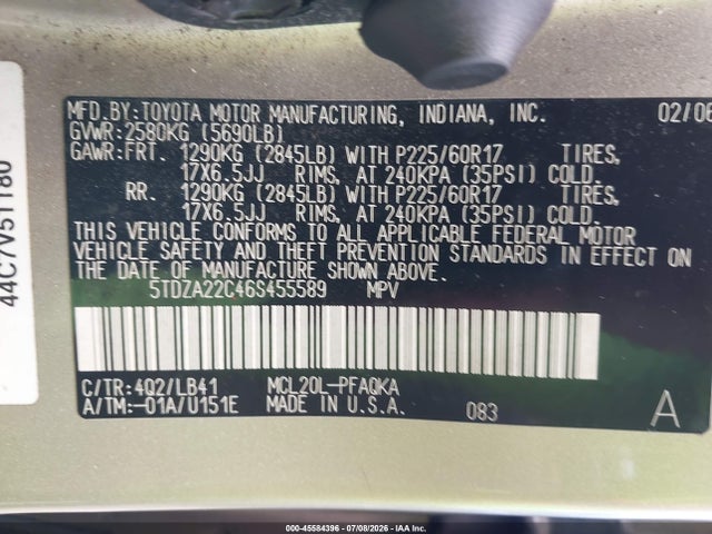 45584396 :رقم المزاد ، 5TDZA22C46S455589 vin ، 2006 Toyota Sienna Xle Limited مزاد بيع