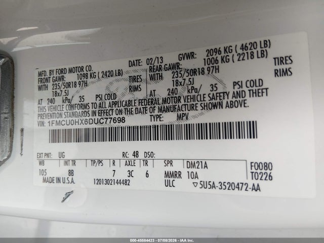 Продажа на аукционе авто 2013 Ford Escape Sel, vin: 1FMCU0HX6DUC77698, номер лота: 45584423