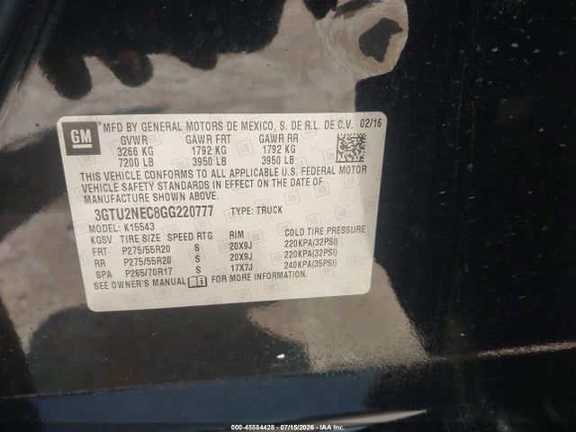2016 Gmc Sierra 1500 Slt მანქანა იყიდება აუქციონზე, vin: 3GTU2NEC8GG220777, აუქციონის ნომერი: 45584428