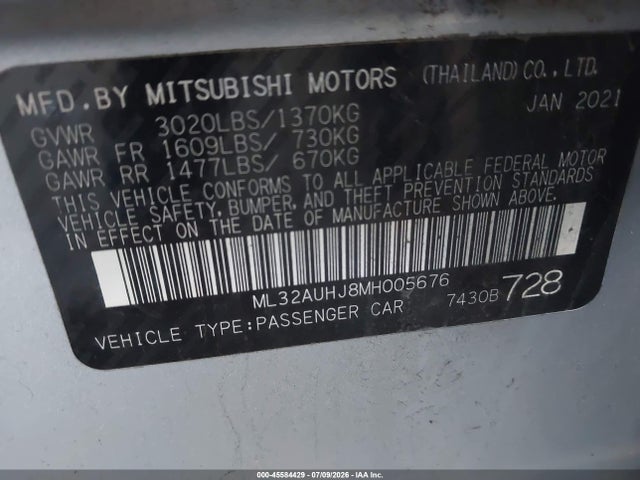2021 Mitsubishi Mirage Carbonite Edition/es/le მანქანა იყიდება აუქციონზე, vin: ML32AUHJ8MH005676, აუქციონის ნომერი: 45584429