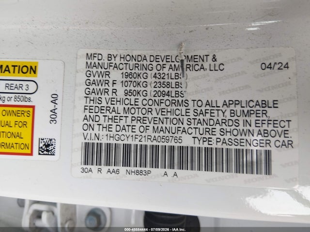 1HGCY1F21RA059765 Honda ACCORD LX