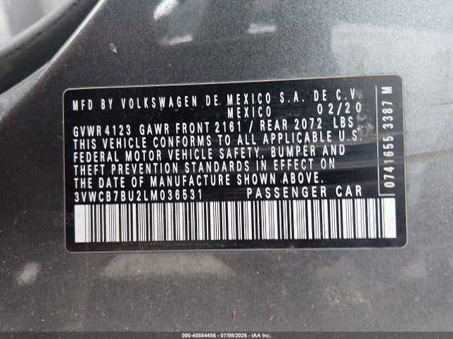 Auction sale of the 2020 Volkswagen Jetta 1.4t R-line/1.4t S/1.4t Se, vin: 3VWCB7BU2LM036531, lot number: 45584456