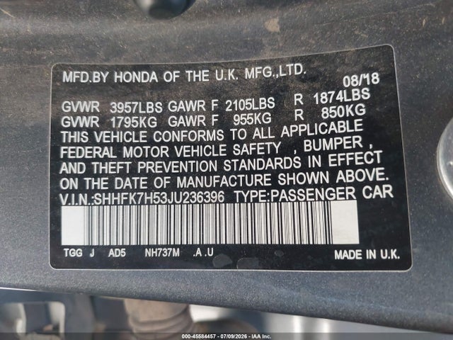 Honda CIVIC EX 2018 SHHFK7H53JU236396 Image 9