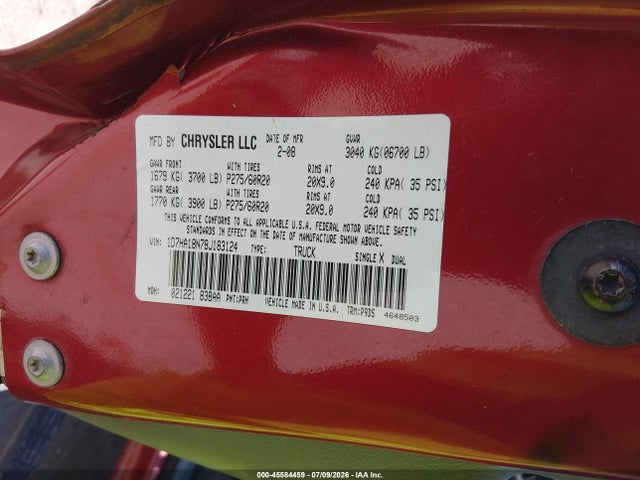 Продаж на аукціоні авто 2008 Dodge Ram 1500 Slt, vin: 1D7HA18N78J183124, номер лоту: 45584459