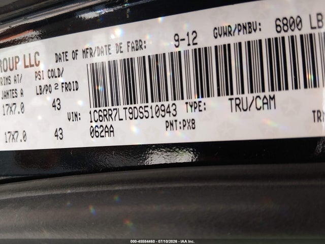45584460 :رقم المزاد ، 1C6RR7LT9DS510943 vin ، 2013 Ram 1500 Outdoorsman مزاد بيع