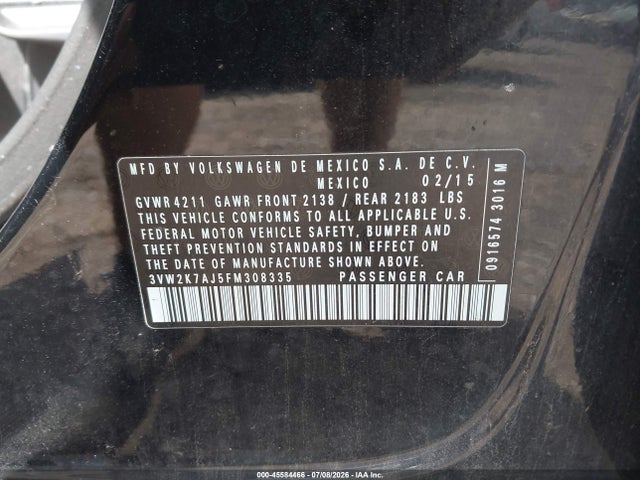 Aukcja sprzedaży 2015 Volkswagen Jetta 2.0l S, vin: 3VW2K7AJ5FM308335, numer aukcji: 45584466