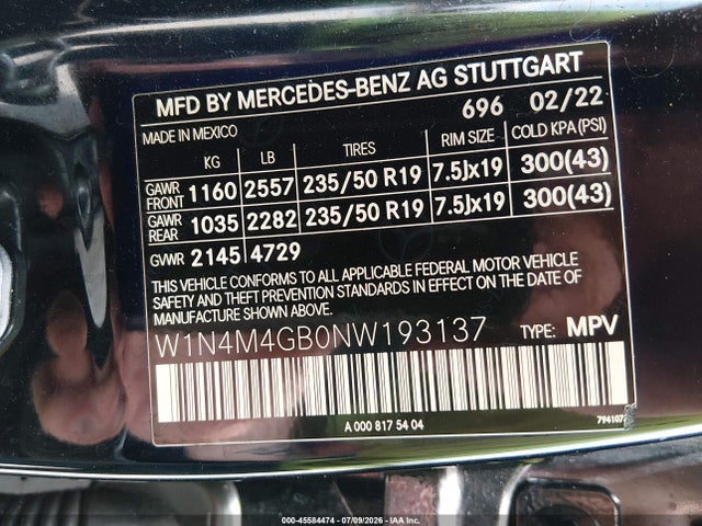 Aukcja sprzedaży 2022 Mercedes-benz Glb 250, vin: W1N4M4GB0NW193137, numer aukcji: 45584474