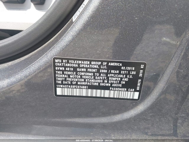 2015 Volkswagen Passat 1.8t Limited Edition მანქანა იყიდება აუქციონზე, vin: 1VWAS7A33FC074551, აუქციონის ნომერი: 45584493
