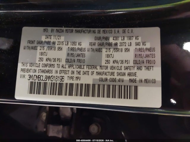45584499 :رقم المزاد ، 3MVDMBCL8MM318196 vin ، 2021 Mazda Cx-30 Preferred مزاد بيع