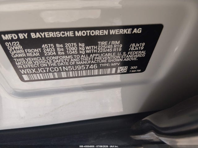 45584505 :رقم المزاد ، WBXJG7C01N5U95746 vin ، 2022 Bmw X1 Sdrive28i مزاد بيع
