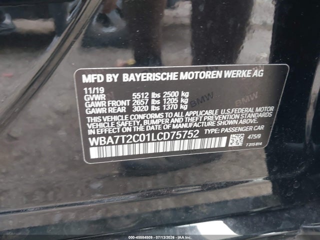 2020 Bmw 740i მანქანა იყიდება აუქციონზე, vin: WBA7T2C01LCD75752, აუქციონის ნომერი: 45584509