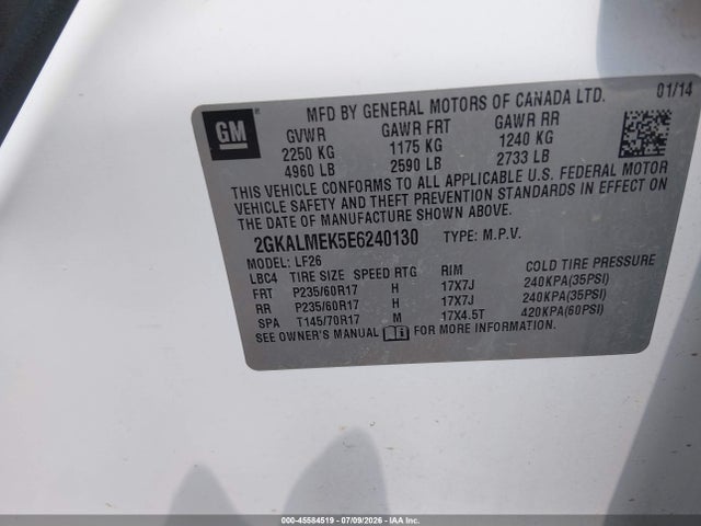 Aukcja sprzedaży 2014 Gmc Terrain Sle-1, vin: 2GKALMEK5E6240130, numer aukcji: 45584519