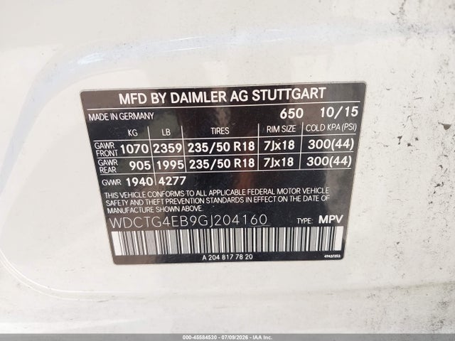 45584530 :رقم المزاد ، WDCTG4EB9GJ204160 vin ، 2016 Mercedes-benz Gla 250 مزاد بيع