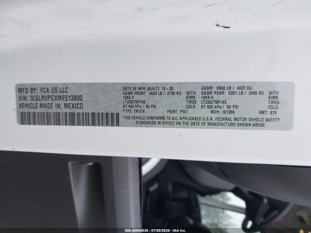 45584536 :رقم المزاد ، 3C6LRVPGXME513800 vin ، 2021 Ram Promaster 2500 Window Van High Roof 159 Wb مزاد بيع