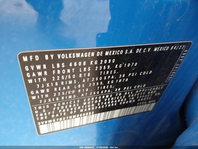 Aukcja sprzedaży 2022 Volkswagen Taos 1.5t Se, vin: 3VVWX7B27NM069092, numer aukcji: 45584537