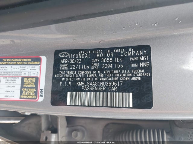 Продажа на аукционе авто 2022 Hyundai Elantra Sel, vin: KMHLS4AG1NU369617, номер лота: 45584543