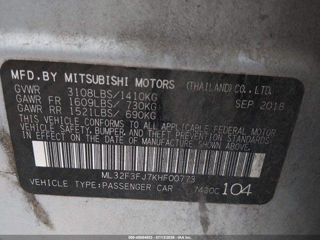 2019 Mitsubishi Mirage G4 Es მანქანა იყიდება აუქციონზე, vin: ML32F3FJ7KHF00773, აუქციონის ნომერი: 45584552