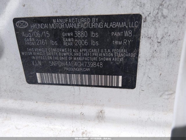 Продаж на аукціоні авто 2016 Hyundai Elantra Value Edition, vin: 5NPDH4AE4GH739848, номер лоту: 45584560