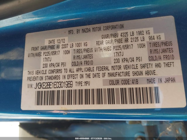 45584568 :رقم المزاد ، JM3KE2BE1E0301969 vin ، 2014 Mazda Cx-5 Sport مزاد بيع