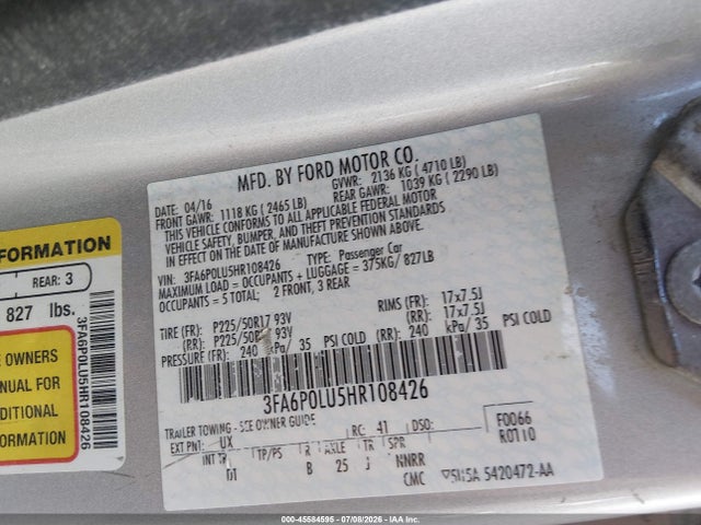 Продаж на аукціоні авто 2017 Ford Fusion Hybrid Se, vin: 3FA6P0LU5HR108426, номер лоту: 45584595