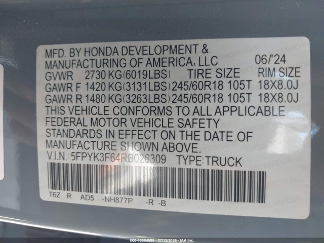 Продаж на аукціоні авто 2024 Honda Ridgeline Trailsport, vin: 5FPYK3F64RB026309, номер лоту: 45584598