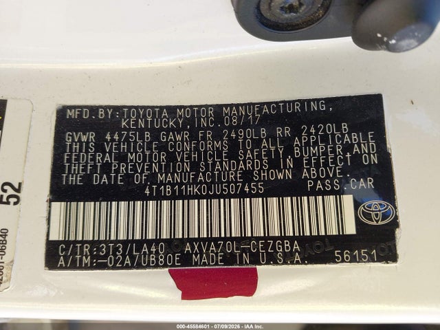 4T1B11HK0JU507455 Toyota CAMRY XLE