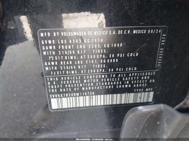 2024 Volkswagen Taos 1.5t S მანქანა იყიდება აუქციონზე, vin: 3VV5X7B20RM116738, აუქციონის ნომერი: 45584606