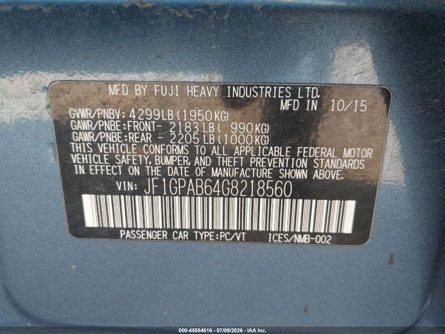 45584616 :رقم المزاد ، JF1GPAB64G8218560 vin ، 2016 Subaru Impreza 2.0i Premium مزاد بيع