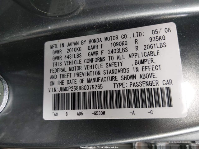 Aukcja sprzedaży 2008 Honda Accord 2.4 Ex-l, vin: JHMCP26888C079265, numer aukcji: 45584631