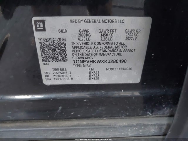 Aukcja sprzedaży 2019 Chevrolet Traverse 3lt, vin: 1GNEVHKWXKJ280490, numer aukcji: 45584636