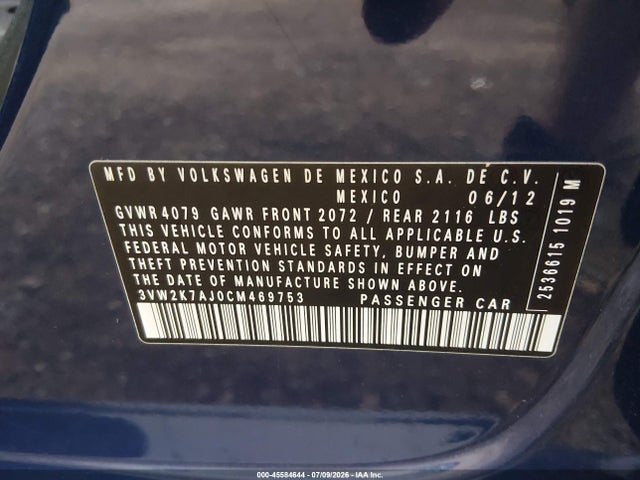 2012 Volkswagen Jetta 2.0l S მანქანა იყიდება აუქციონზე, vin: 3VW2K7AJ0CM469753, აუქციონის ნომერი: 45584644