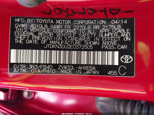 JTDKN3DU2E0372505 Toyota Prius Two