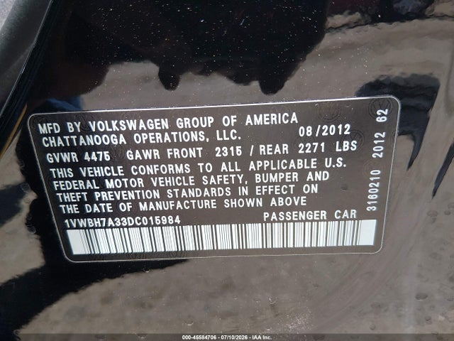 Aukcja sprzedaży 2013 Volkswagen Passat 2.5l Se, vin: 1VWBH7A33DC015984, numer aukcji: 45584706