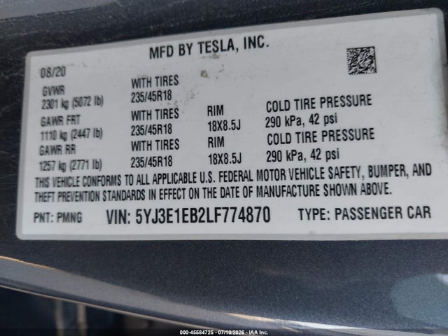 Aukcja sprzedaży 2020 Tesla Model 3 Long Range Dual Motor All-wheel Drive, vin: 5YJ3E1EB2LF774870, numer aukcji: 45584725