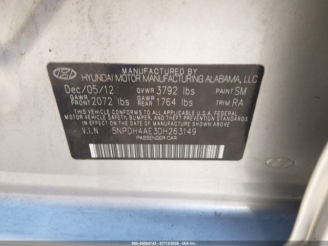 45584742 :رقم المزاد ، 5NPDH4AE3DH263149 vin ، 2013 Hyundai Elantra Gls مزاد بيع