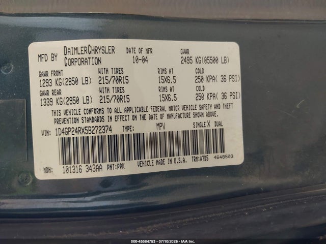 45584753 :رقم المزاد ، 1D4GP24RX5B272374 vin ، 2005 Dodge Caravan Se مزاد بيع