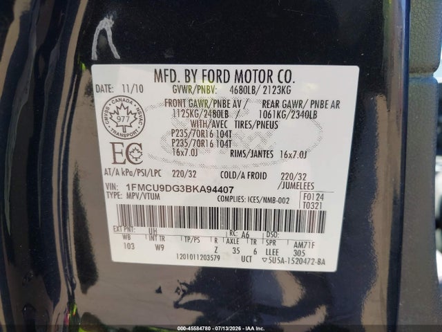 Продаж на аукціоні авто 2011 Ford Escape Xlt Automatic, vin: 1FMCU9DG3BKA94407, номер лоту: 45584780